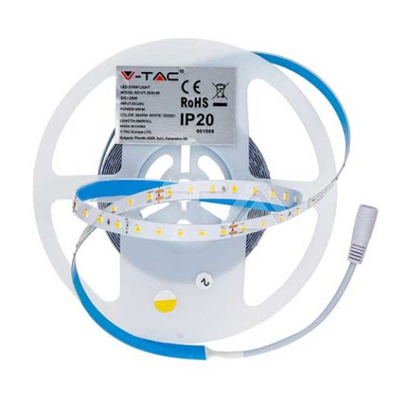 VT-2835 Striscia LED 24V SMD2835 5M 4W/M monocolore 90LED/M bianco caldo 3000K 200LM/W CRI>90 IP20 - SKU 2696-Leggi tutto