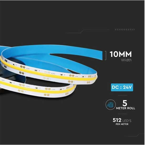 VT-512 Striscia LED 24V COB 5M monocolore bianco caldo 3000K CRI>90 IP20 - SKU 2649-Leggi tutto