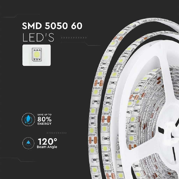 Striscia 300LED SMD5050 strip 5Mt 60led/mt 11w/mt IP65 SKU 212148 - Bianco Freddo 6500K VT-5050-Leggi tutto