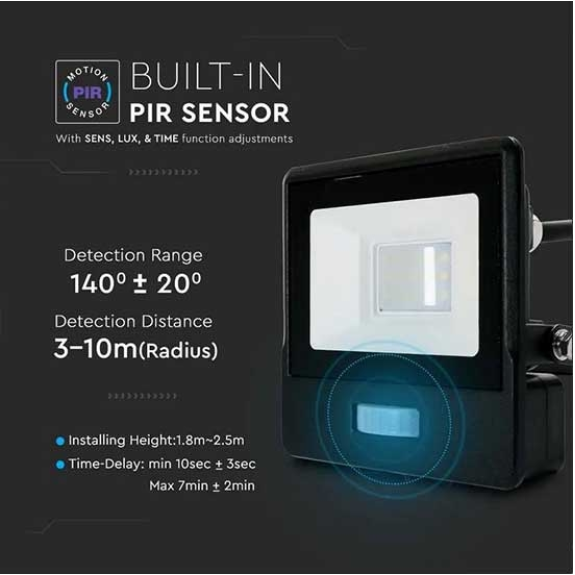 VT-118S-1 faro led 10W chip samsung con sensore di movimento PIR e crepuscolare bianco caldo 3000K slim alluminio nero IP65 - SKU 20280-Leggi tutto