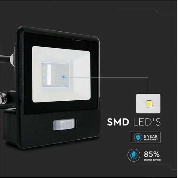 VT-118S-1 faro led 10W chip samsung con sensore di movimento PIR e crepuscolare bianco caldo 3000K slim alluminio nero IP65 - SKU 20280-Leggi tutto