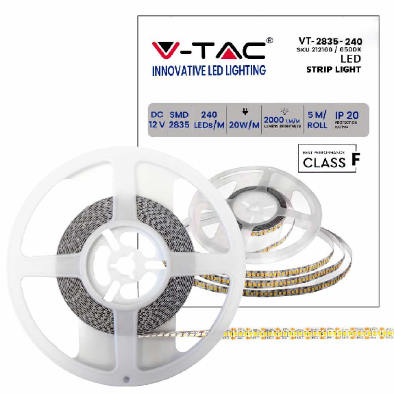 VT-2835 Striscia LED Strip 240led / MT 20W / MT SMD2835 5MT 2000LM / MT 12V Alta Luminosità Sku 212166 6400K-Leer más