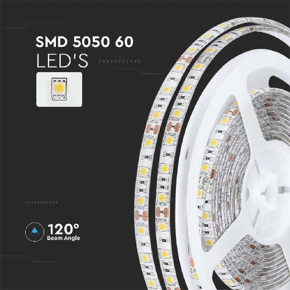 VT-5050 Striscia 300 LED SMD 5050 strip 5Mt 11W/mt IP65 60led/mt 12v SKU 212150 - Bianco Naturale 4000K-Leggi tutto