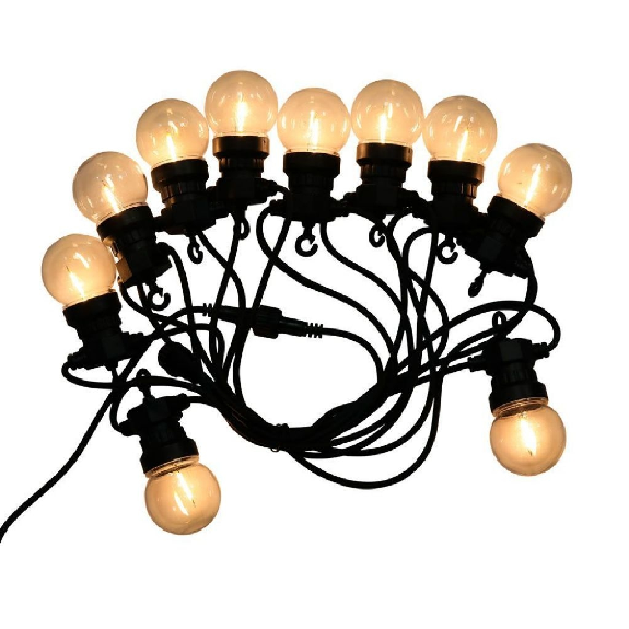 VT-71510 catenaria luminosa led 5mt con 10 lampadine mini globo filamento 0.5W 3000K raccordabile 5W presa shuko IP44 - sku 212728-Leggi tutto