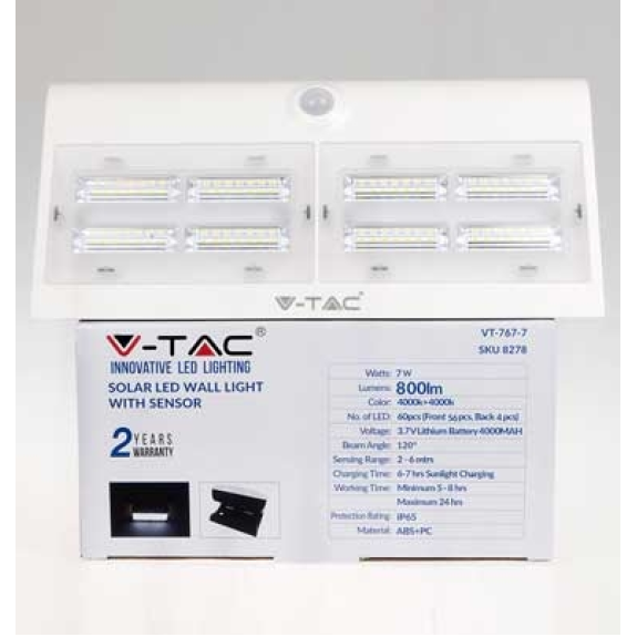VT-767-7 lampada LED 7W pannello solare esterno IP65 + sensore PIR colore bianco - SKU 8278-Leggi tutto