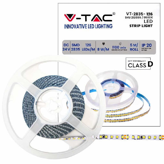 VT-2835 Striscia 630LED 24V 8W/mt SMD2835 137lm/w 5Mt 6500K bianco freddo IP20 - SKU 212595-Leggi tutto