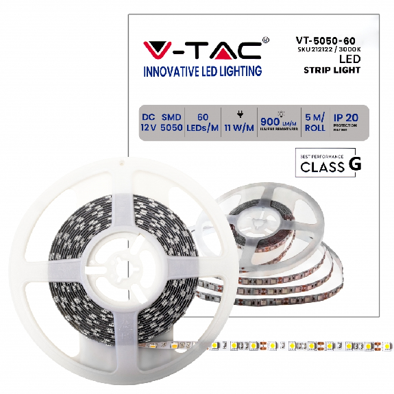 VT-5050 Striscia 300LED strip led 12V SMD5050 5M 11W/mt IP20 bianco caldo 3000K - SKU 212122-Leggi tutto