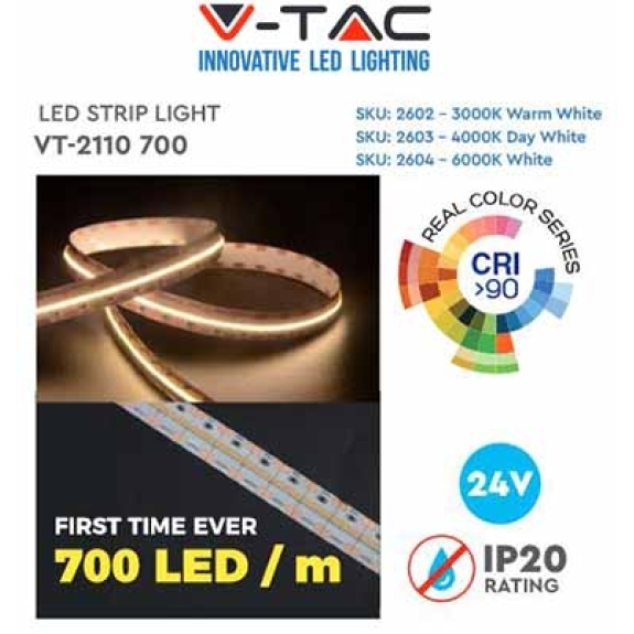 VT-2110 Striscia 3500LED 24V SMD2110 alta luminosità monocolore 5M bianco freddo 6400K CRI>90 IP20 - SKU 2604-Leggi tutto