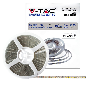 VT-3528 Striscia LED 12V SMD3528 5M 8W/M 120LED/M 100LM/W monocolore bianco freddo 6500K IP65 - SKU 212037-Leggi tutto