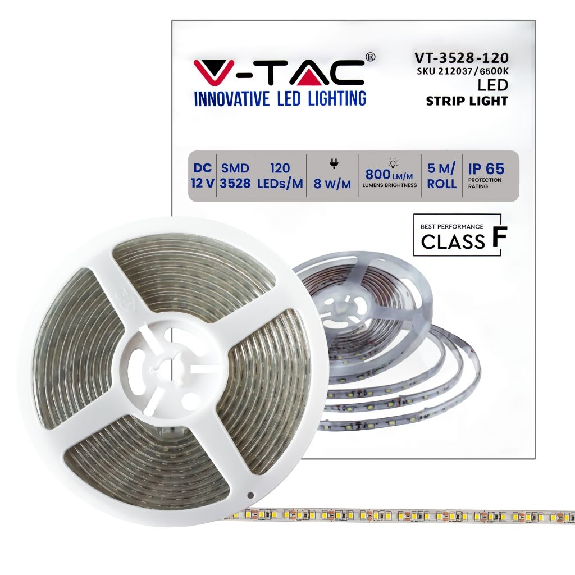 VT-3528 Striscia LED 12V SMD3528 5M 8W/M 120LED/M 100LM/W monocolore bianco freddo 6500K IP65 - SKU 212037-Leggi tutto