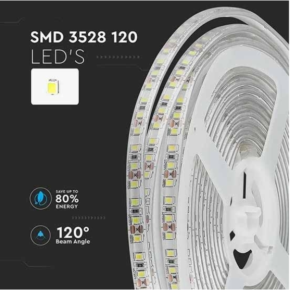 VT-3528 Striscia LED 12V SMD3528 5M 8W/M 120LED/M 100LM/W monocolore bianco freddo 6500K IP65 - SKU 212037-Leggi tutto
