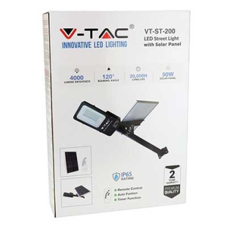 VT-ST-200 armatura stradale led 50W autoalimentato nero con pannello solare e telecomando 4000K IP65  sku 5502-Leggi tutto