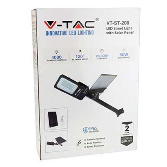 VT-ST-200 armatura stradale led 50W autoalimentato nero con pannello solare e telecomando 4000K IP65  sku 5502-Leggi tutto
