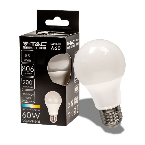 VT -2099 LED LEMINDING 8.5W E27 Bulbe A60 Blanc Natural White 4000K - SKU 217261-Lire la description