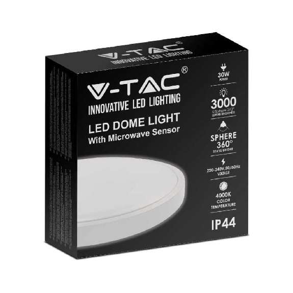 VT-8630S-W-RD Plafoniera led 30W sensore di movimento microonde integrato IP44 rotonda bianca 360° 4000K - sku 7665-Leggi tutto