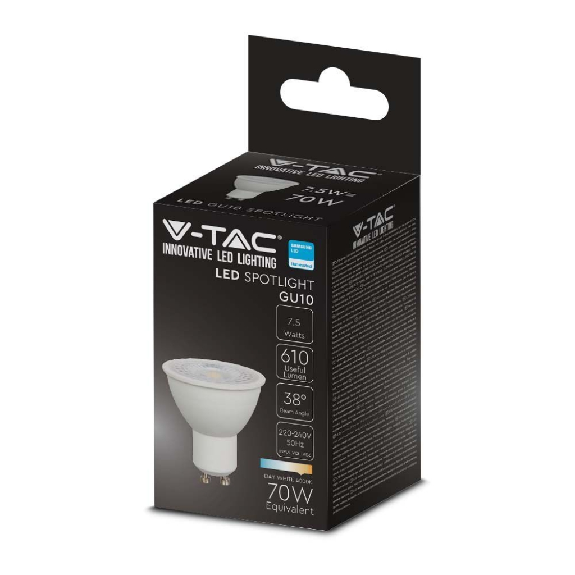 PRO VT-291 Lampadina led GU10 faretto 38° chip samsung SMD 7.5W bianco caldo 3000K - SKU 21875-Leggi tutto