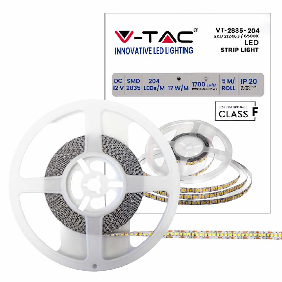 VT-2835-17 Striscia led strip SMD2835 5Mt 8.500LM 120° IP20 12V luce bianco freddo 6400K sku 212463-Leggi tutto
