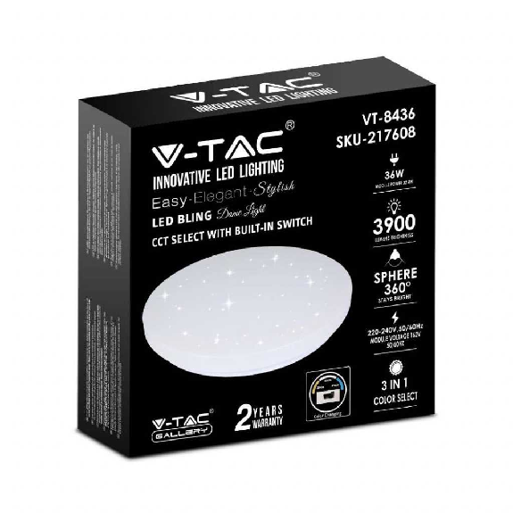 VT-8436 Plafoniera led 36W rotonda bianca effetto cielo stellato cambia colore CCT 3in1 switch interno IP20 - sku 217608-Leggi tutto