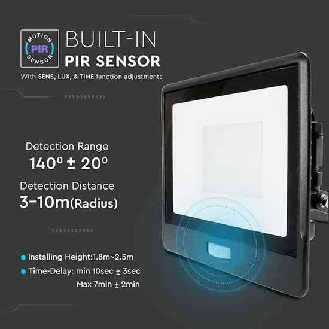 VT-158S faro led 50W chip samsung con sensore di movimento PIR e crepuscolare bianco freddo 6500K slim alluminio nero box derivazione IP65 - SKU 20267-Beschreibung lesen