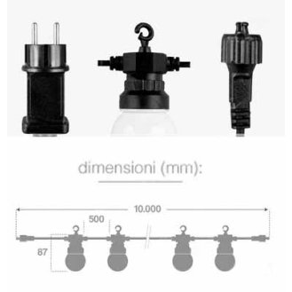 VT-71020 catenaria luminosa led 10mt con 20 lampadine mini globo 0.5W 3000K raccordabile presa shuko IP44 - sku 217439-Leggi tutto