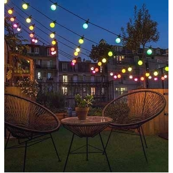 VT-71020 catenaria luminosa led 10mt con 20 lampadine mini globo 0.5W 3000K raccordabile presa shuko IP44 - sku 217439-Leggi tutto
