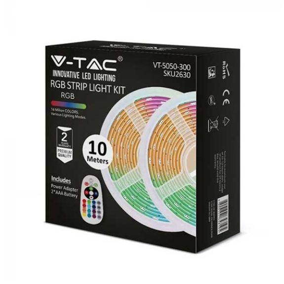 VT-5050-300 Kit striscia led RGB SMD5050 10M (2x5mt) 4,8W/M 12V IP20 + controller + alimentatore - sku 2630-Leggi tutto