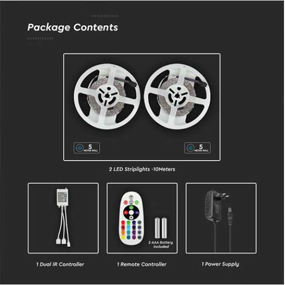 VT-5050-300 Kit striscia led RGB SMD5050 10M (2x5mt) 4,8W/M 12V IP20 + controller + alimentatore - sku 2630-Leggi tutto