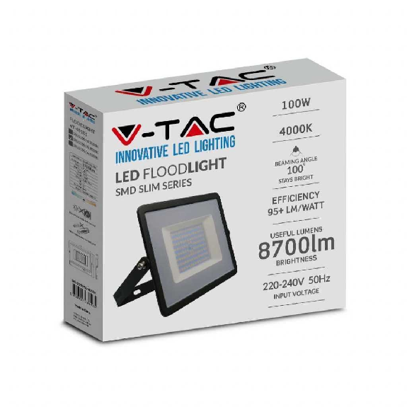VT-40101 Faro led smd 100W proiettore corpo nero - luce bianco freddo 6500K E-Series ultra slim IP65 - sku 215966-Leggi tutto