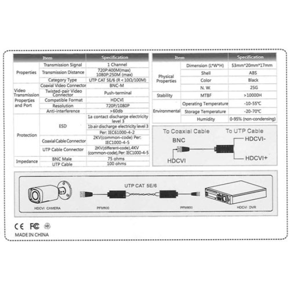 PFM800-4K Mini Balun  Video passivo CCTV UTP HD-CVI/AHD/HD-TVI/PAL-Leggi tutto