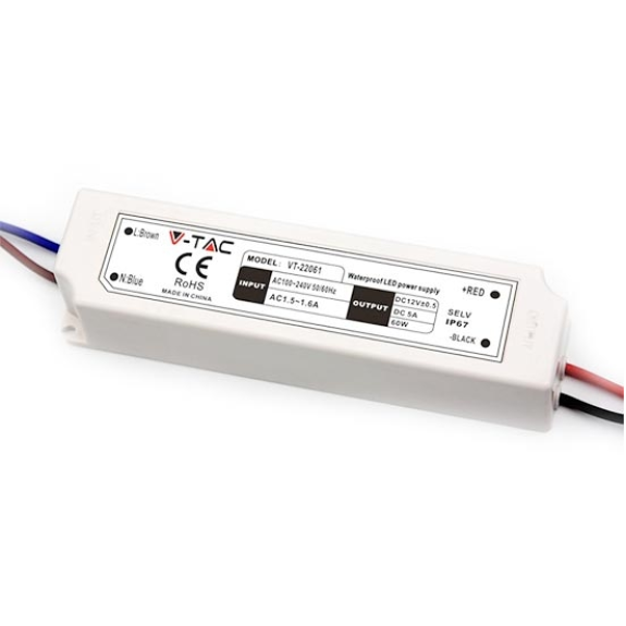 VT-22061 Alimentatore slim led 60W 12V 5A waterproof IP67 in plastica cavi a saldare  - SKU 3234-Leggi tutto
