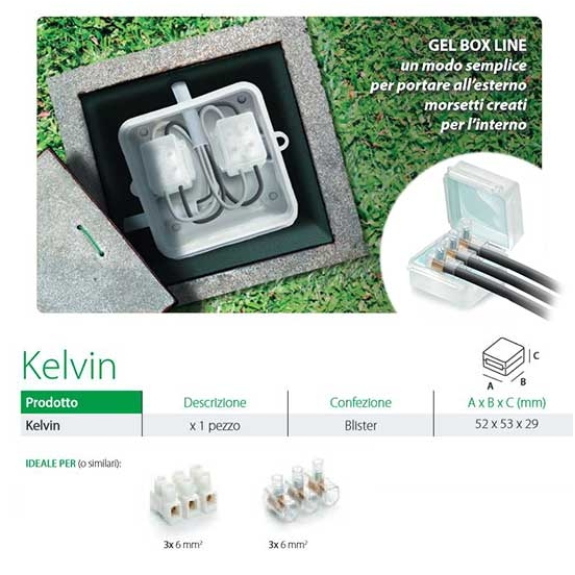 Cover preriempita in gel IPX8 per la protezione di morsetti e connettori 450/750V blister 1pcs  Gel Box Line Kelvin-Leggi tutto