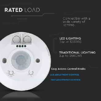 VT-8027 Sensore di movimento PIR infrarosso SLIM IP20 da soffitto 360° colore bianco SKU  5086 --Leggi tutto