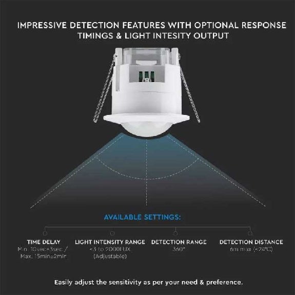 VT-8029 Sensore di movimento infrarossi PIR 360° a incasso da soffitto  IP20 sku 5090-Leggi tutto