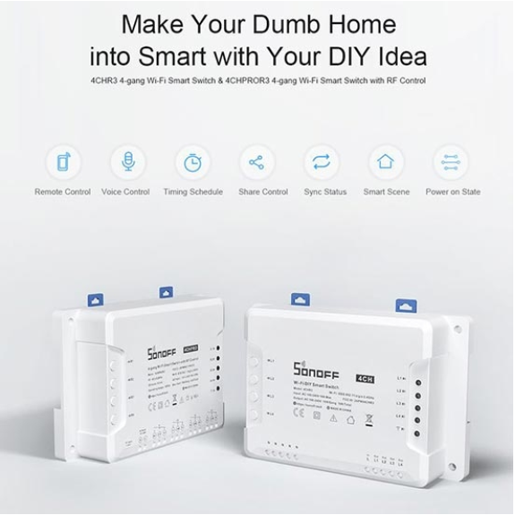 Interruttore universale smart switch WiFi controllo 4Ch linee indipendenti con temporizzazione guida DIN  4CHR3-Leggi tutto