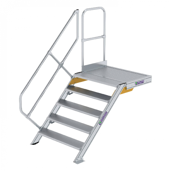 Treppe mit Plattform 45°, Handlauf, 1000mm Stufenbreite, 5 Stufen Treppe mit Plattform 45°, Handlauf, 1000mm Stufenbreite, 5 Stufen-Beschreibung lesen