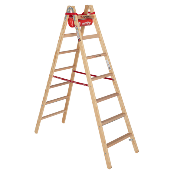 Holz Sprossenstehleiter mit Comfort-Breitsprossen und Eimerhaken 2x7 Sprossen-Beschreibung lesen