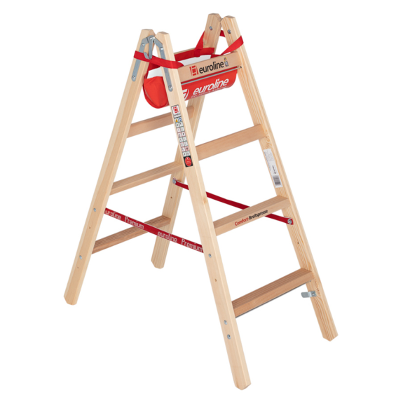 Euroline Holz Sprossenstehleiter mit Comfort-Breitsprossen, Eimerhaken und Werkzeugablagetasche 2x4 Sprossen-Beschreibung lesen