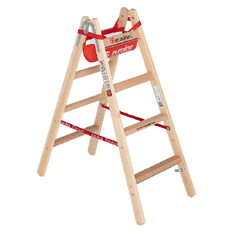 Euroline Holz Sprossenstehleiter mit Comfort-Breitsprossen, Eimerhaken und Werkzeugablagetasche 2x4 Sprossen-Beschreibung lesen