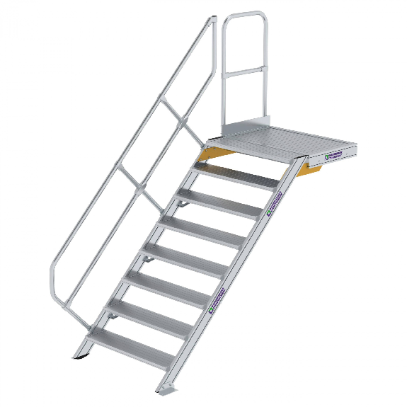 Treppe mit Plattform 45°, Handlauf, 1000mm Stufenbreite, 8 Stufen Treppe mit Plattform 45°, Handlauf, 1000mm Stufenbreite, 8 Stufen-Beschreibung lesen