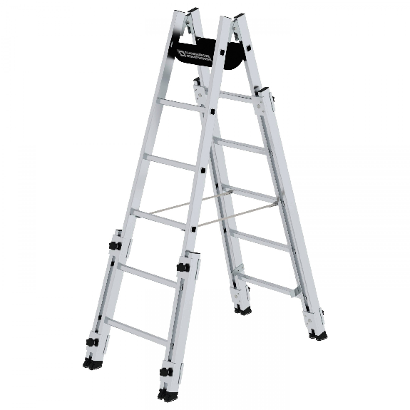 Aluminium Stehleiter, treppengängig, mit 4 Holmverlängerungen 2x6 Sprossen-Beschreibung lesen