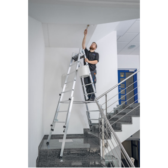 Aluminium Stehleiter, treppengängig, mit 4 Holmverlängerungen 2x6 Sprossen-Beschreibung lesen