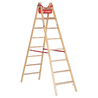 Euroline Holz Sprossenstehleiter mit Comfort-Breitsprossen, Eimerhaken und Werkzeugablagetasche 2x8 Sprossen-Beschreibung lesen