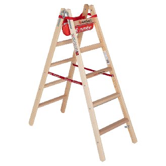 Euroline Holz Sprossenstehleiter mit Comfort-Breitsprossen, Eimerhaken und Werkzeugablagetasche 2x5 Sprossen-Beschreibung lesen