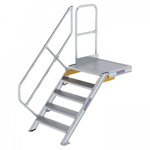 Treppe mit Plattform 45°, Handlauf, 800mm Stufenbreite, 5 Stufen Treppe mit Plattform 45°, Handlauf, 800mm Stufenbreite, 5 Stufen-Beschreibung lesen