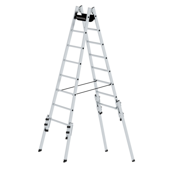 Aluminium Stehleiter, treppengängig, mit 4 Holmverlängerungen 2x8 Sprossen-Beschreibung lesen