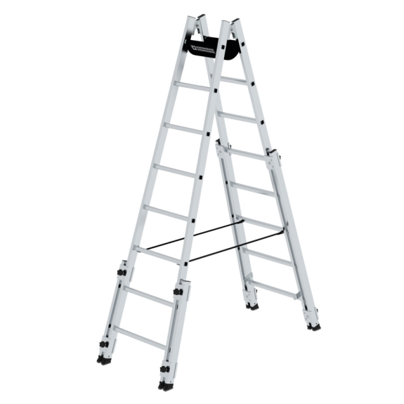 Aluminium Stehleiter, treppengängig, mit 4 Holmverlängerungen 2x8 Sprossen-Beschreibung lesen