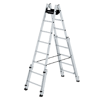 Aluminium Stehleiter, treppengängig, mit 4 Holmverlängerungen 2x8 Sprossen-Beschreibung lesen