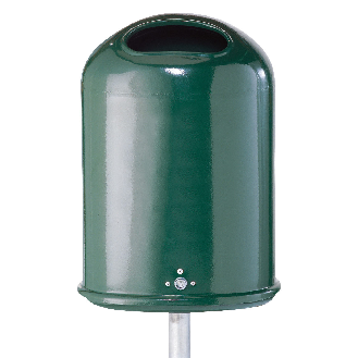 Schake Abfallbehälter oval montiert mit Standpfosten Ø60x1300mm 27l Volumen beschichtet in RAL 6005-Beschreibung lesen