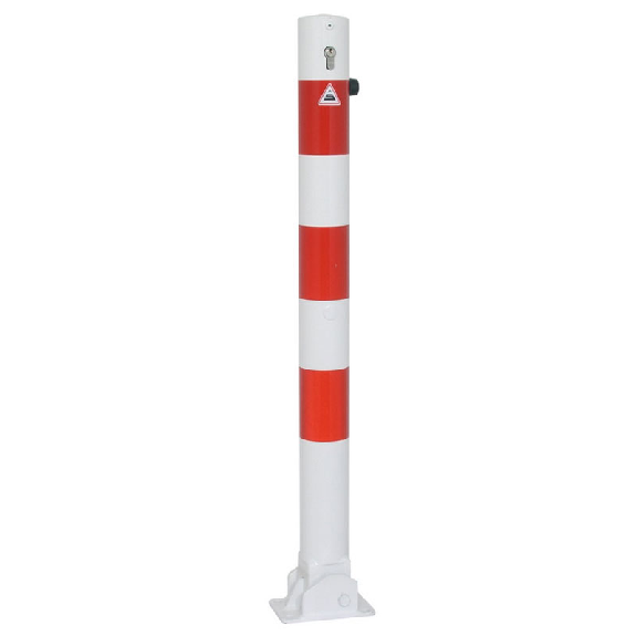Schake Absperrpfosten umlegbar aus Stahlrohr verzinkt Ø76x2,5mm weiß mit rot reflektierenden Leuchtstreifen, Profilzylinderschloss, Dübelbefestigung und Stahlkappe 900mm Überflur-Beschreibung lesen