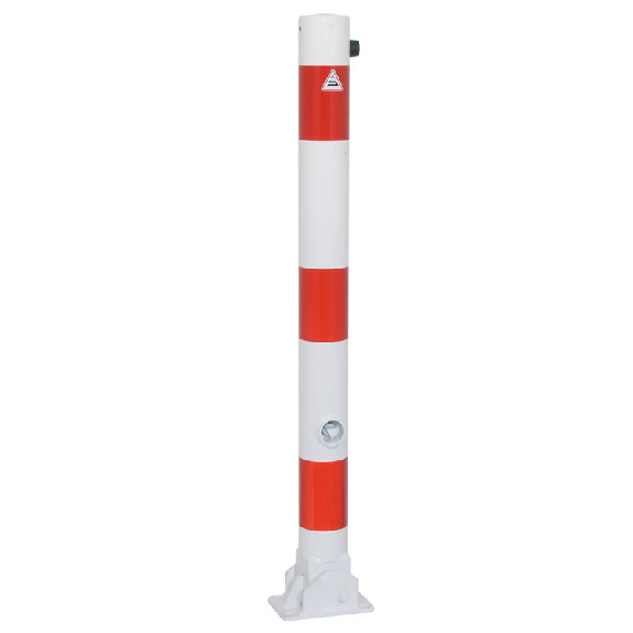 Schake Absperrpfosten umlegbar zum Einbetonieren aus Stahlrohr verzinkt Ø76x2,5mm weiß mit rot reflektierenden Leuchtstreifen, Dreikantverschluss und Stahlkappe 900mm Überflur-Beschreibung lesen